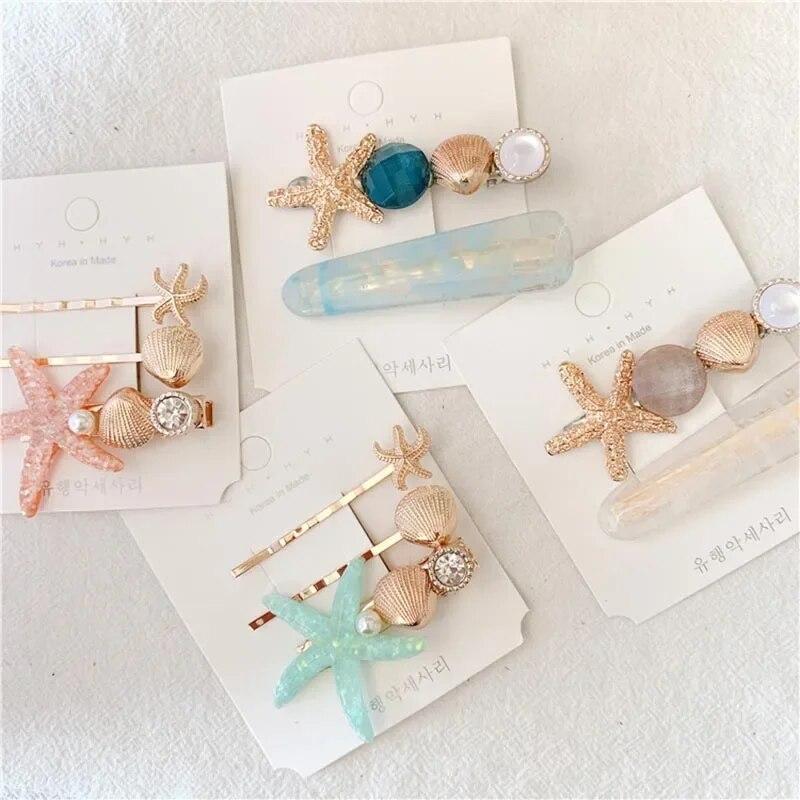 INS Sea Star Acrylic Hair Clips For Women Girls Shell Pearl Metal Barrettes Hairpins Sweet Beach Headwear Hair Accessories