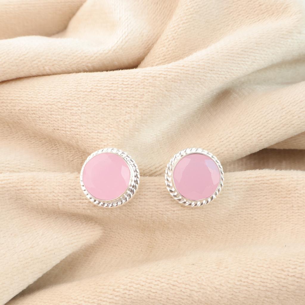Rose Chalcedony Gemstone 925 Stamped Silver Jewelry Handmade Stud Earrings 0.53" EE-147-15