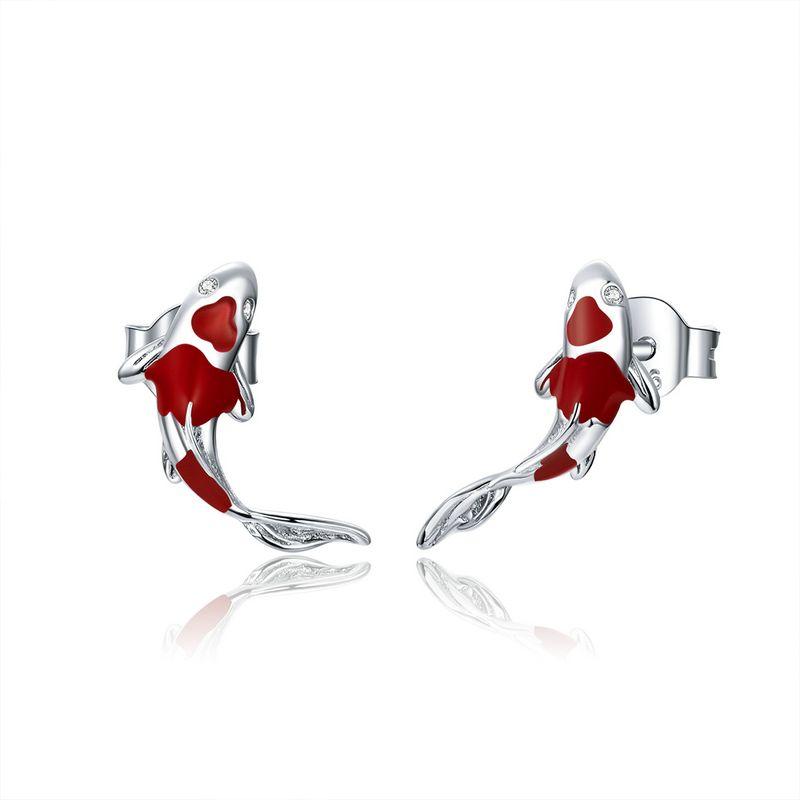 WOSTU 925 Sterling Silver Lucky KOI Fish Open Ring Red Fish Tail Stud Earrings Unique Birthday Jewelry Gift For mom Lover Girl