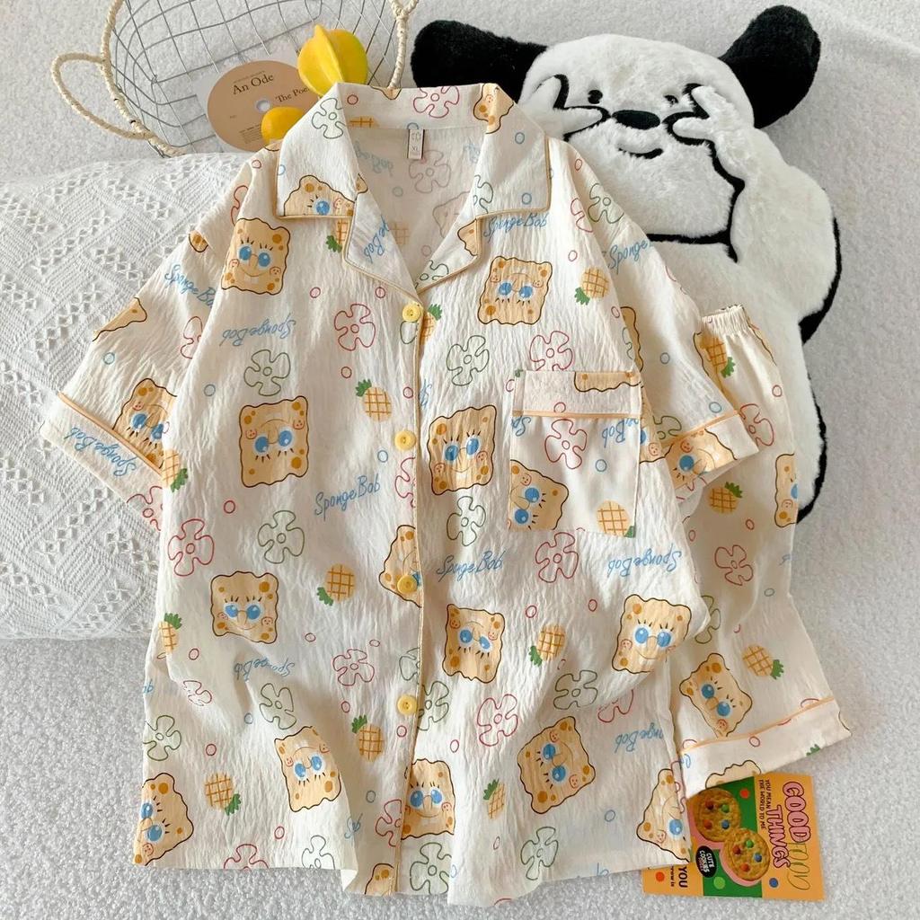Женский хлопковый пижамный комплект с мультяшными облаками - Кардиган, Короткий рукав, Шорты, Домашняя одежда