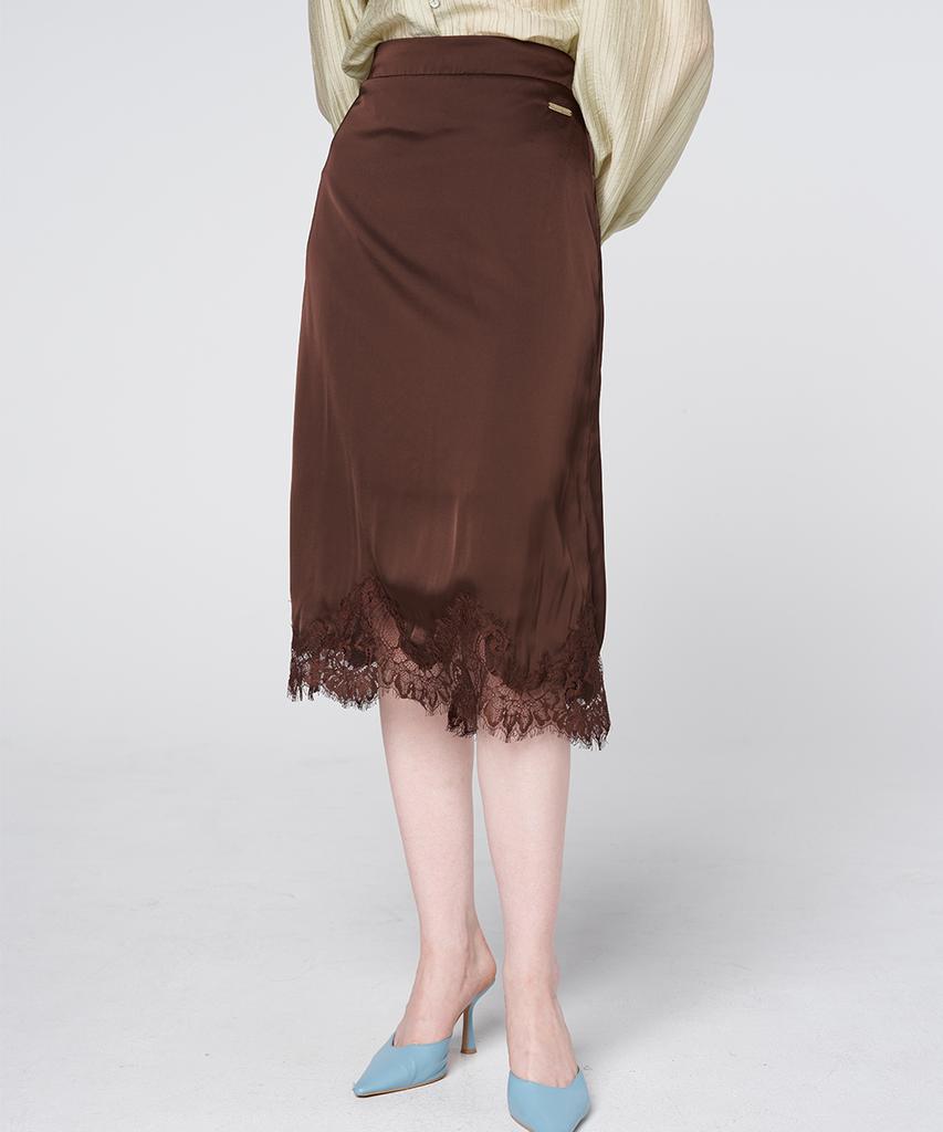 320 Showroom Lace Trim Satin Banding Skirt Brown