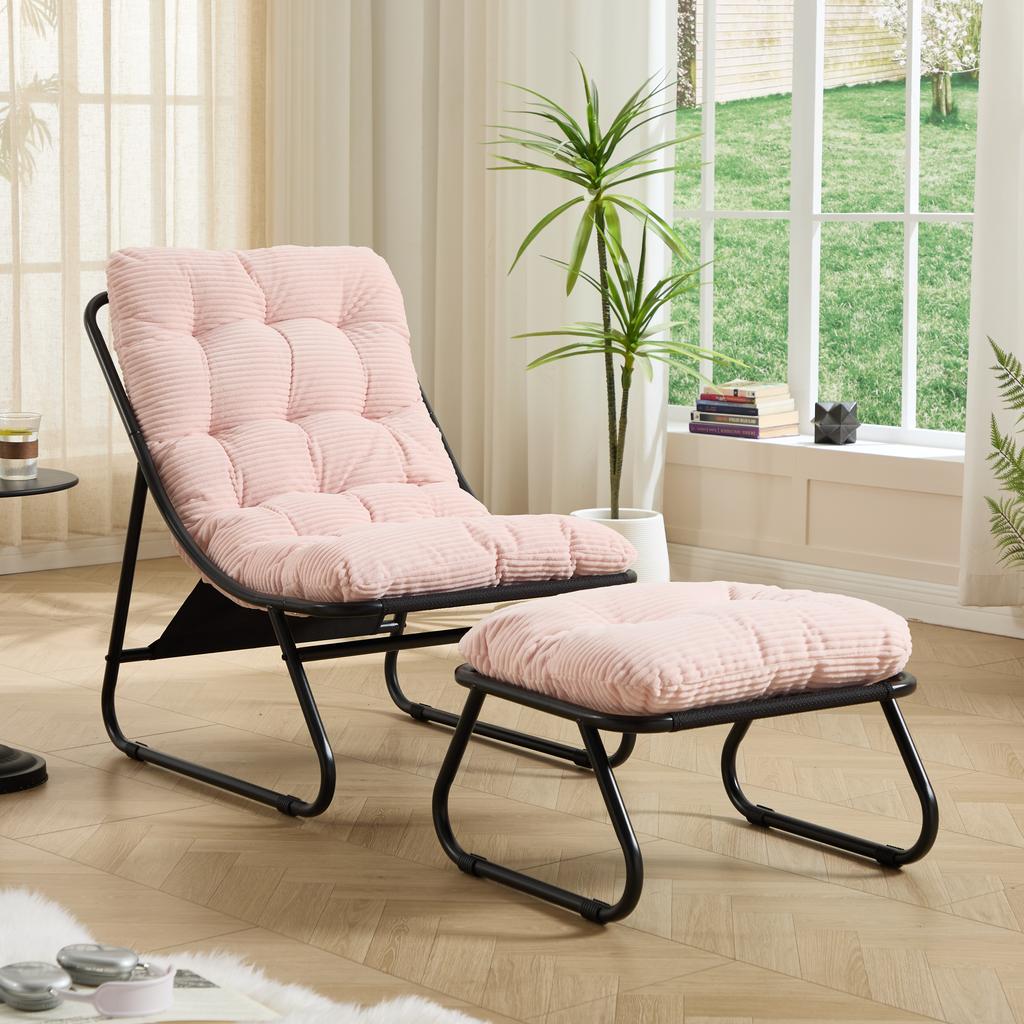 Patio Outdoor Lounge Chair with Ottoman, Comfy Sling Recliner Chair with Puffy Cushion and Foot Stool, Black frame with pink cushion