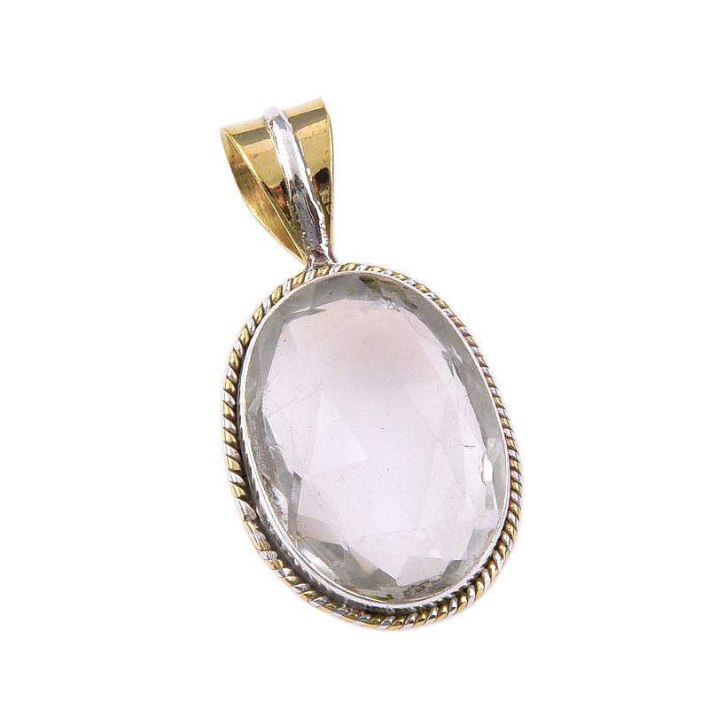 Natural Crystal Quartz 925 Solid Sterling Silver Gift TwoTone Pendant 1.50" W5k72