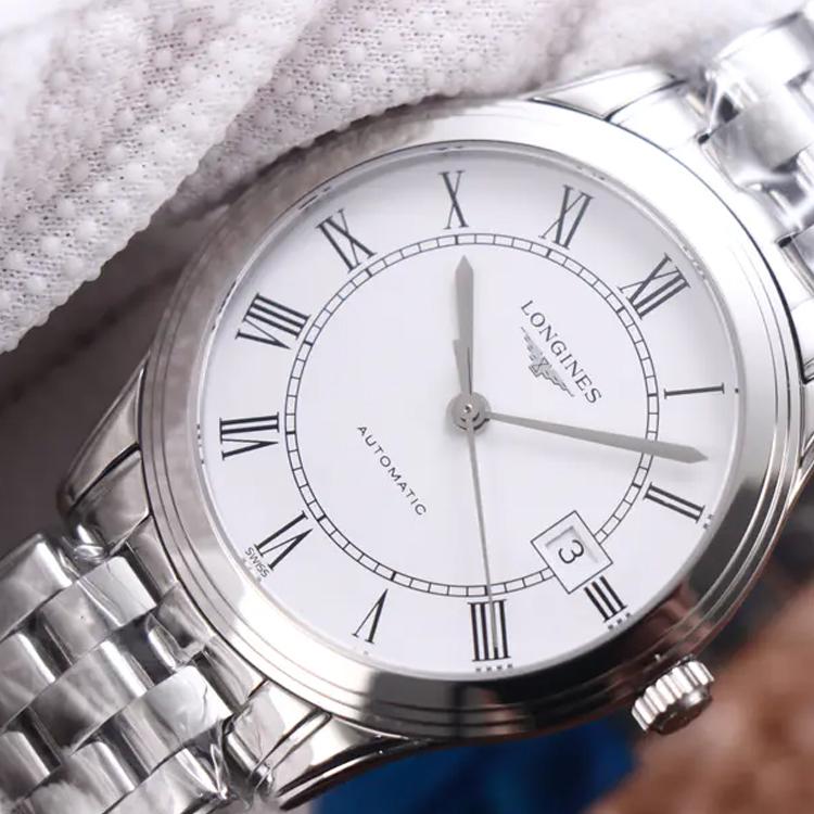 Longines Флагманская серия Автоматический механический механизм Модные часы 38,5 мм Белый циферблат Корпус из нержавеющей стали Браслет из нержавеющей стали L4.974.4.21.6