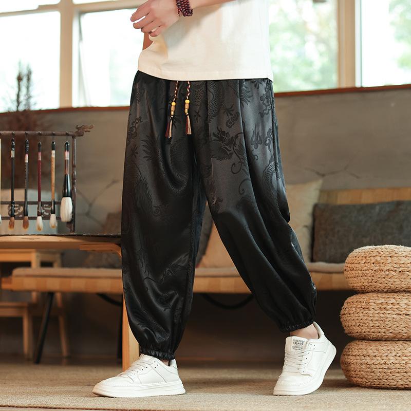 Outdoor Pants Men Lce Silk Dragon Dark Flower Loose Bloomers Wide Leg Casual Trousers Male