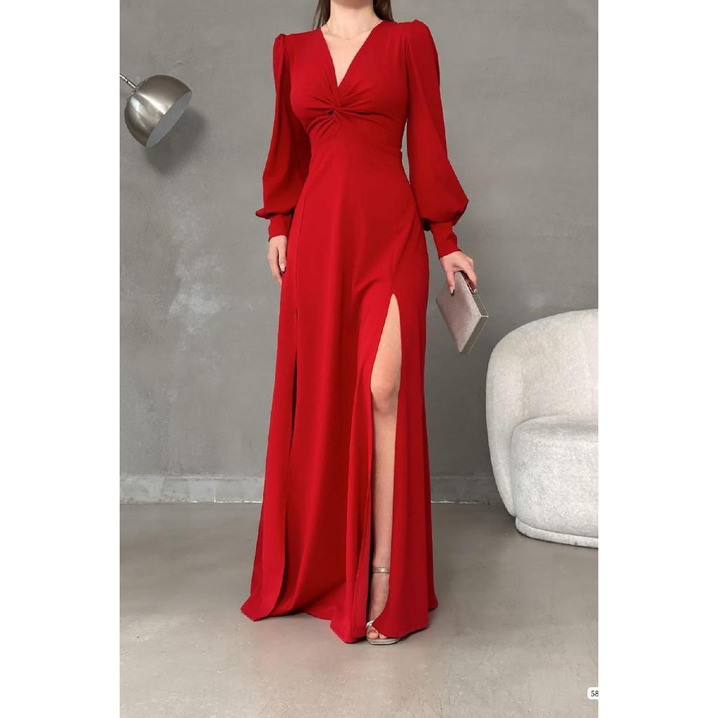 Black Crepe Fabric Front Knot Detail Maxi Length Long Sleeve Double Slit Dress