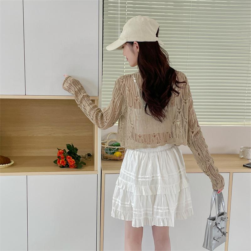 Summer Women's Knitted Shawl Sweaters Lady Hollow Out Tie Up Air-conditioned Shirt Mesh Thin See Through Look Long Sleeve Loose Tops Sunscreen Shirt