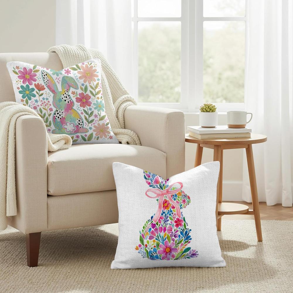 Cute Easter Bunny Cushion Cover Natural Linen Organic Fabric DoubleSided Printing Couch Pillow Covers Home Decor