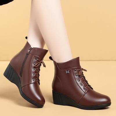 Осень Зима Теплые Меховые Хлопковые Толстые Туфли Женские Высокие Каблуки Кожаные Танкетки Мягкая Подошва Плоская Подошва Ботильоны