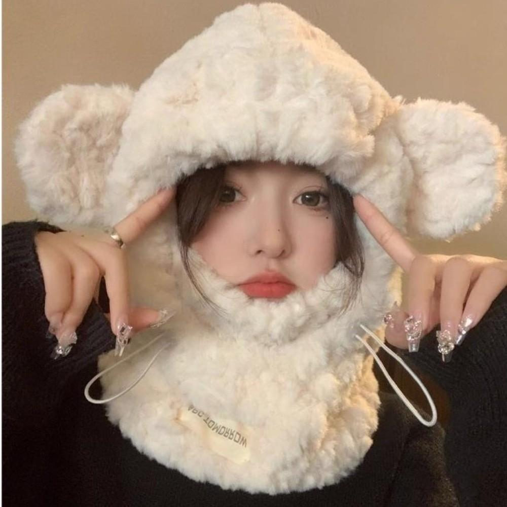 One-Piece Winter Plush Hat Windproof Girl's Hat Hooded Scarf Fashion Earflap Bonnet Hat
