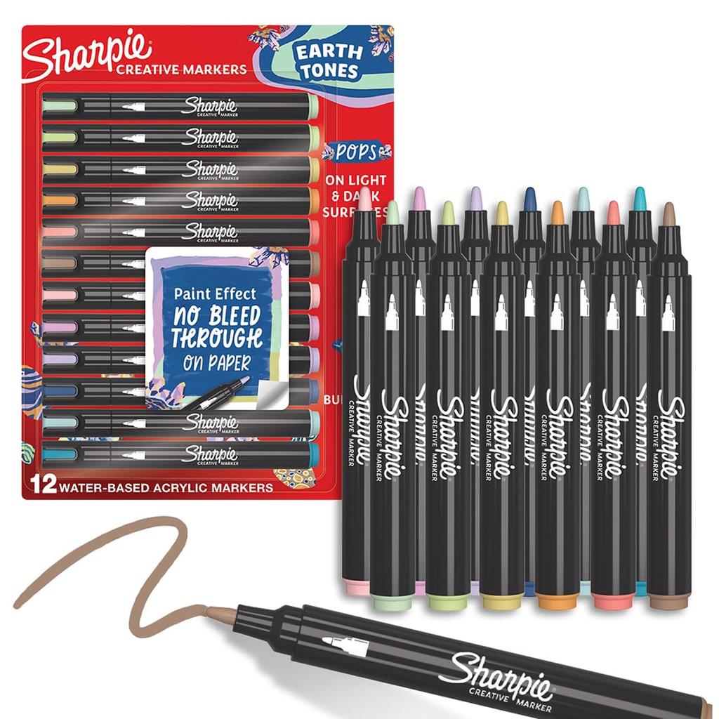 Sharpie Acrylic Marker Earth Tone Mineral Pigment 12 Colors Art Marker F Medium Tip Water-Based Pigment Ink 2209910
