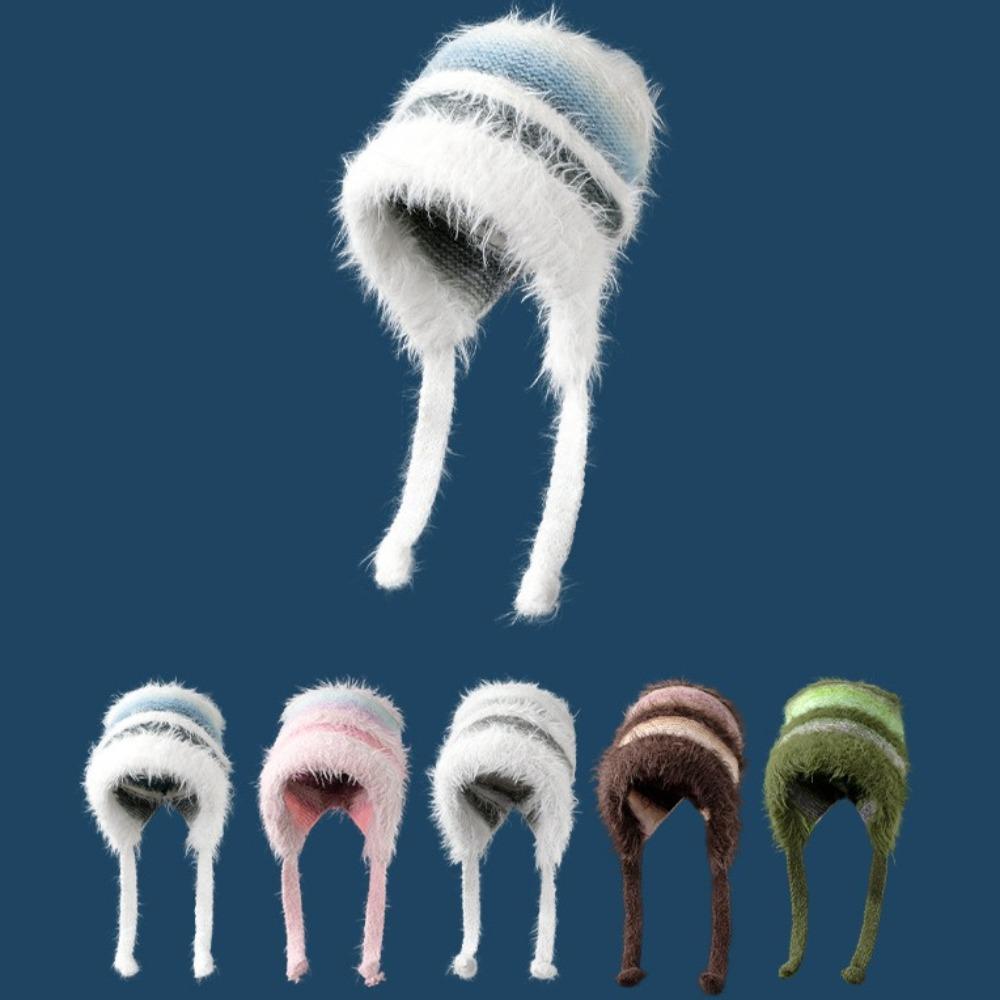 Color Ccollision Knitted Hat Color Matching Lace-up Plush Hat Fashionable Woolen Hat Women