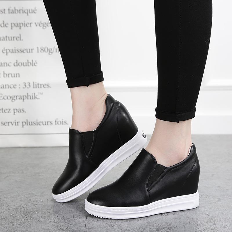 2019 Spring Women's Genuine Leather Slip-On White Shoes with Raised Heels – Korean Style, Versatile, Slim, Breathable, Casual.