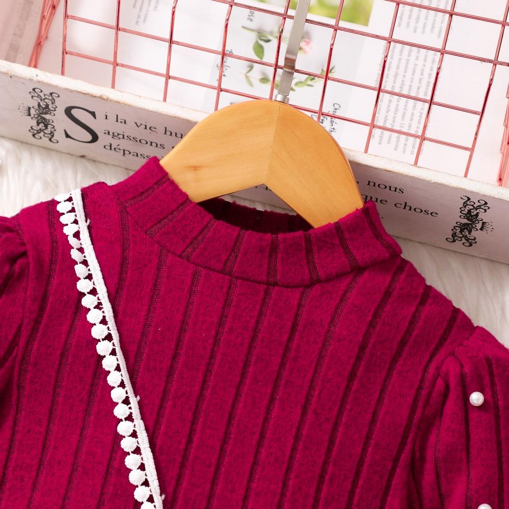 Платье вязаное однотонное с длинным рукавом и высоким воротом для девочек 4-8 лет Детская мода осень/зима Платье с бисером