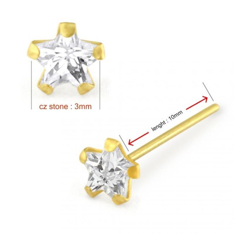 KODY PIERCING 9K Solid Golg Straight Nose Stud Piercing Jewel Adorned With A 3mm CZ Cubic Zirconia Star - Quality Piercing