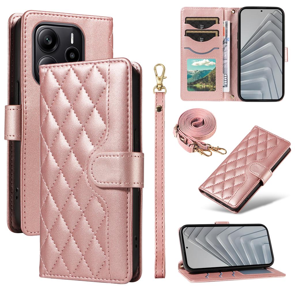 For Xiaomi Redmi Note 14 4G (164.84x78.15x8.16mm) Wallet Case Rhombus Leather Phone Cover with Strap