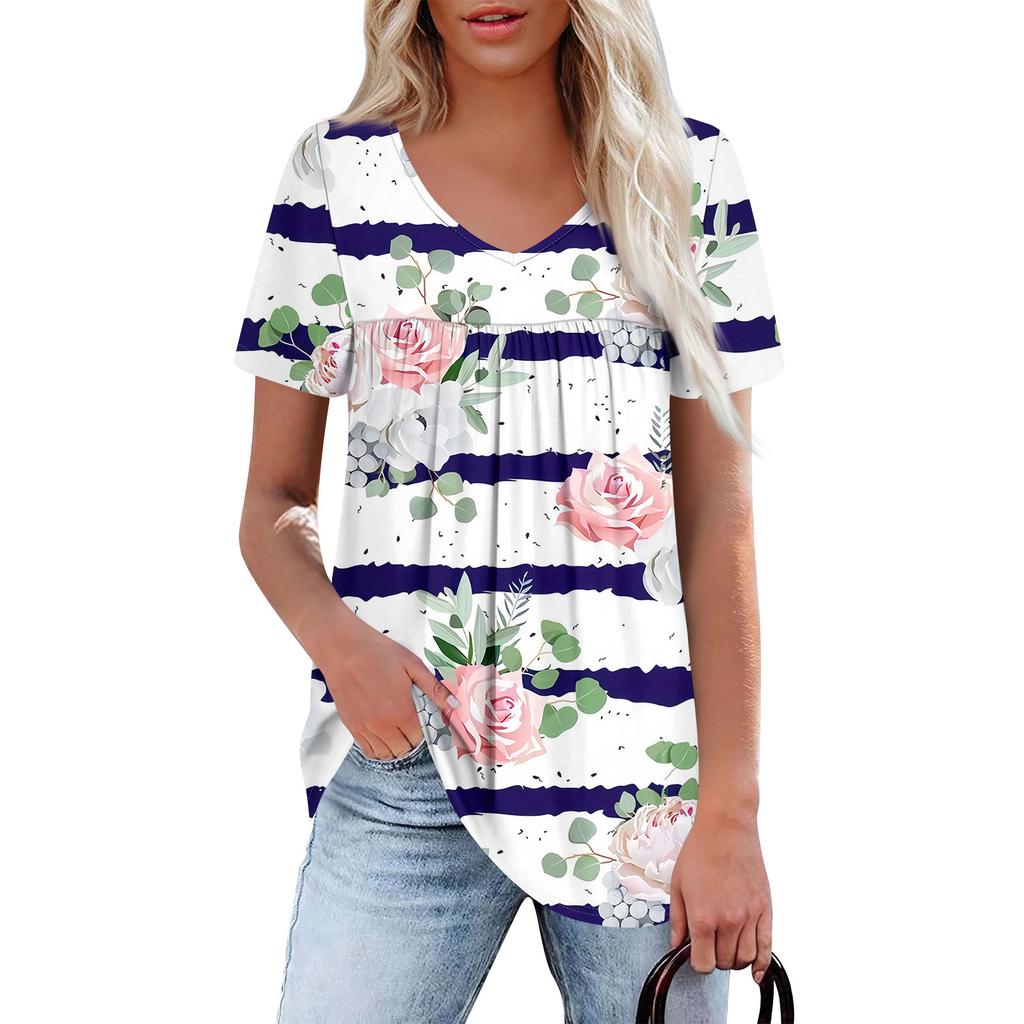 Women's Casual V-Neck Short Sleeve Chest Ruffle Printed Top