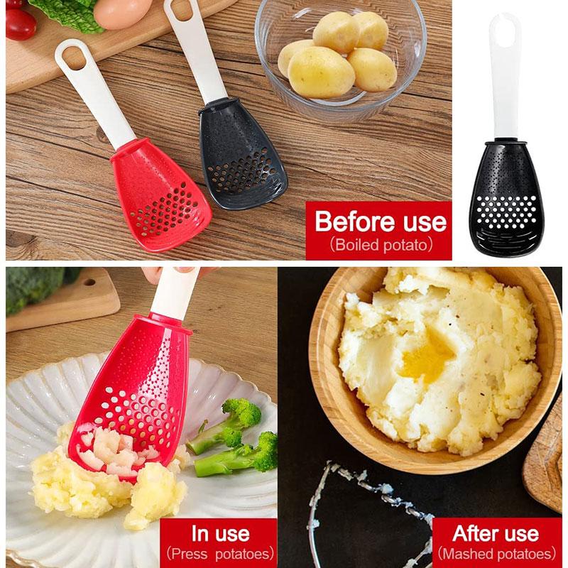 Multifunctional Cooking Spoon Kitchen Strainer Scoop to Cut Garlic Hanging Hole Innovative Potato Garlic Press kitchen Accessory6