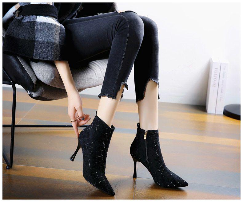 Women's Autumn/Winter Rhinestone Stiletto Ankle Boots with Zipper