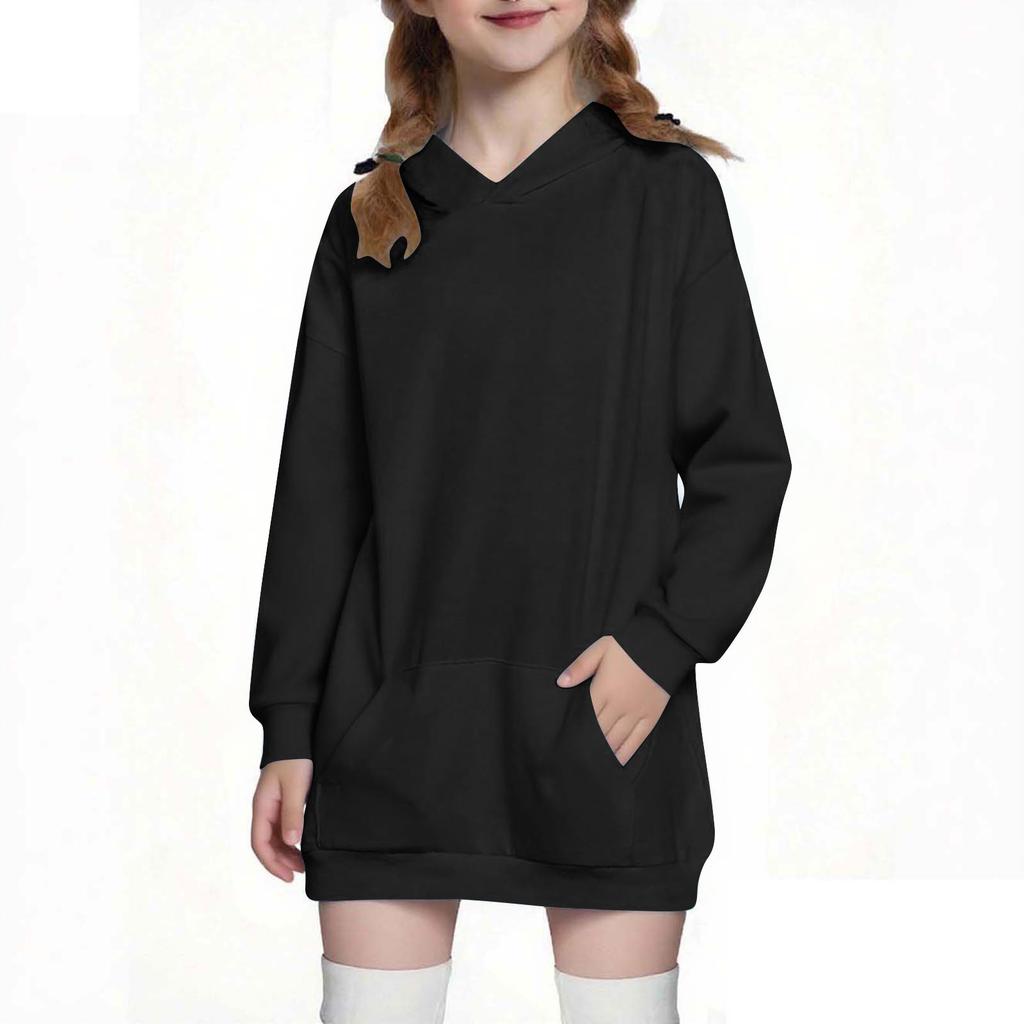 Children's Fashion Solid Color Long Sleeved Hooded Sweatshirt Girls' Mid Length Hoodie Top