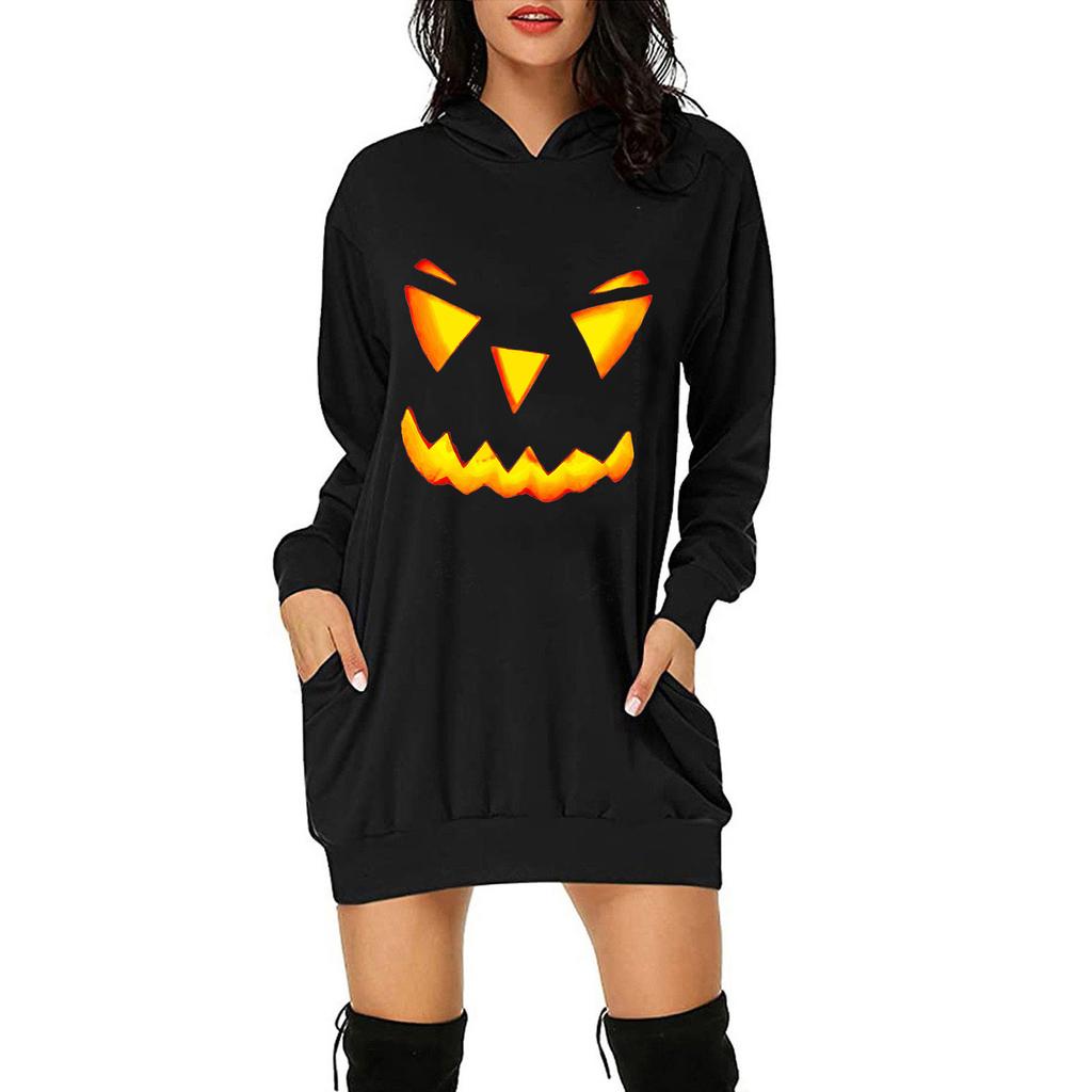 Women Casual Fashion Loose Plus Size Halloween Print Long-Sleeve Blouse Dress