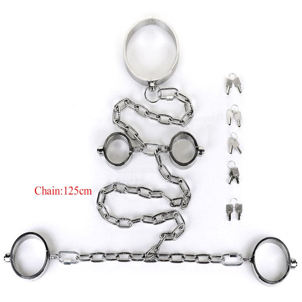 Тяжелые наручники из нержавеющей стали и ножные кандалы, набор, рабский ограничительный комплект, металлический ошейник, съемные наручники, секс-игрушки для пар