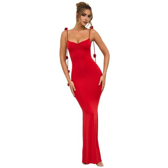 Женское вечернее платье с 3D-декором в виде розы, на тонких бретельках, без рукавов, с открытой спиной и V-образным вырезом