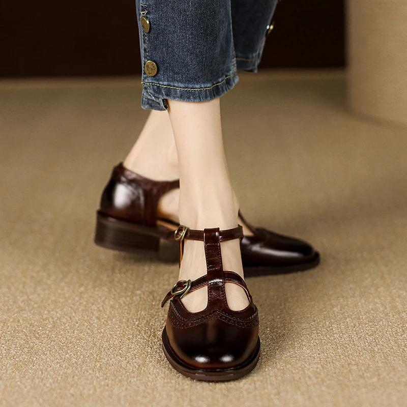 Модные Новые Весенние 2025 Туфли Мэри Джейн из Натуральной Кожи на Низком Каблуке Женские Туфли Ретро с Круглым Носком для Женщин Туфли-Лодочки на Блочном Каблуке ретро Женская Обувь