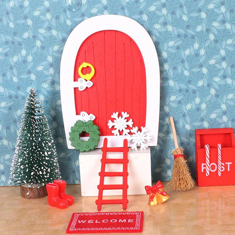 Dollhouse Miniature Wooden Red Fairy Tooth Elf Gnome Tiny Door Mini Red Christmas Door Mini Elf Door Decorative Scene Props