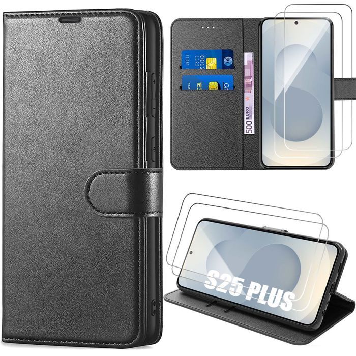 Coque de protection - BOOLING - pour Samsung Galaxy S25 Plus - Cuir PU Noir - 2 Verres Trempés - Antichoc