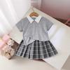 Комплект для девочек Летний Детский Однотонный Топ с коротким рукавом и лацканами + Плиссированная юбка