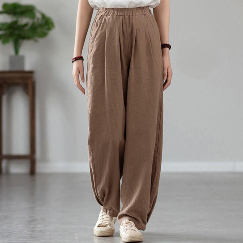 Johnature Женские винтажные однотонные длинные брюки, льняные эластичные весенние брюки с карманами, свободные женские прямые брюки