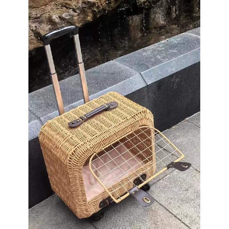 Portable Cat Carriers Stylish Pet Rolling Suitcase Large Capacity Woven Pet Travel Breathable Trolley Box for Cats & Small Dogs