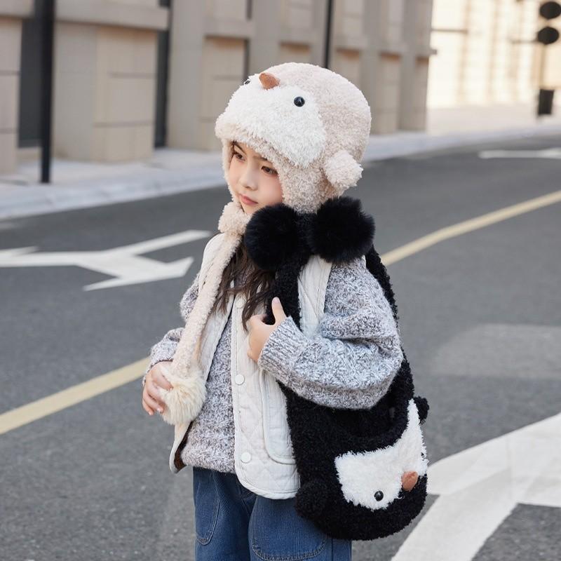 Детская милая вязаная шапка-бини с пингвином из пушистого полиэстера для холодной погоды и тепла для головы