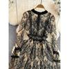 Long Sleeves Stand Collar A- line Dress Elegance Wide Hem Lace