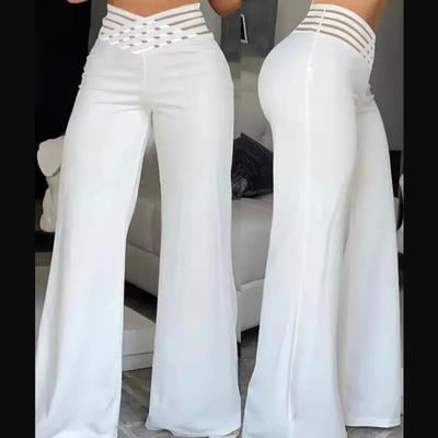 Женские расклешенные брюки, элегантные повседневные брюки с высокой талией для офиса, весна-лето, однотонные, с перекрещивающимися прозрачными сетчатыми вставками, широкие брюки