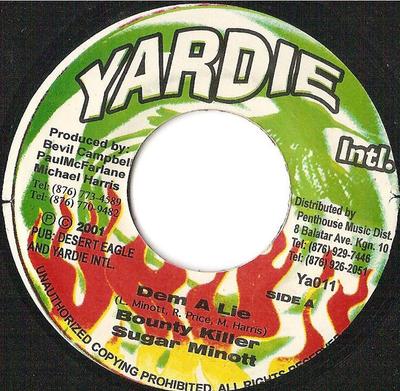 7-дюймовая пластинка BOUNTY KILLER & SUGAR MINOTT - Dem A Lie YA011 Yardie Int'l 2001 Ямайка Регги, Ска и Даб Б/у
