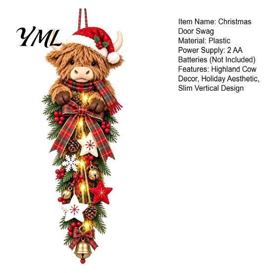 Traditional Red Green Holiday Ornament Lighted Highland Cow Christmas Door Swag, LED Hanging Decor with Plaid Ribbon Vertical Wreath And Berries,