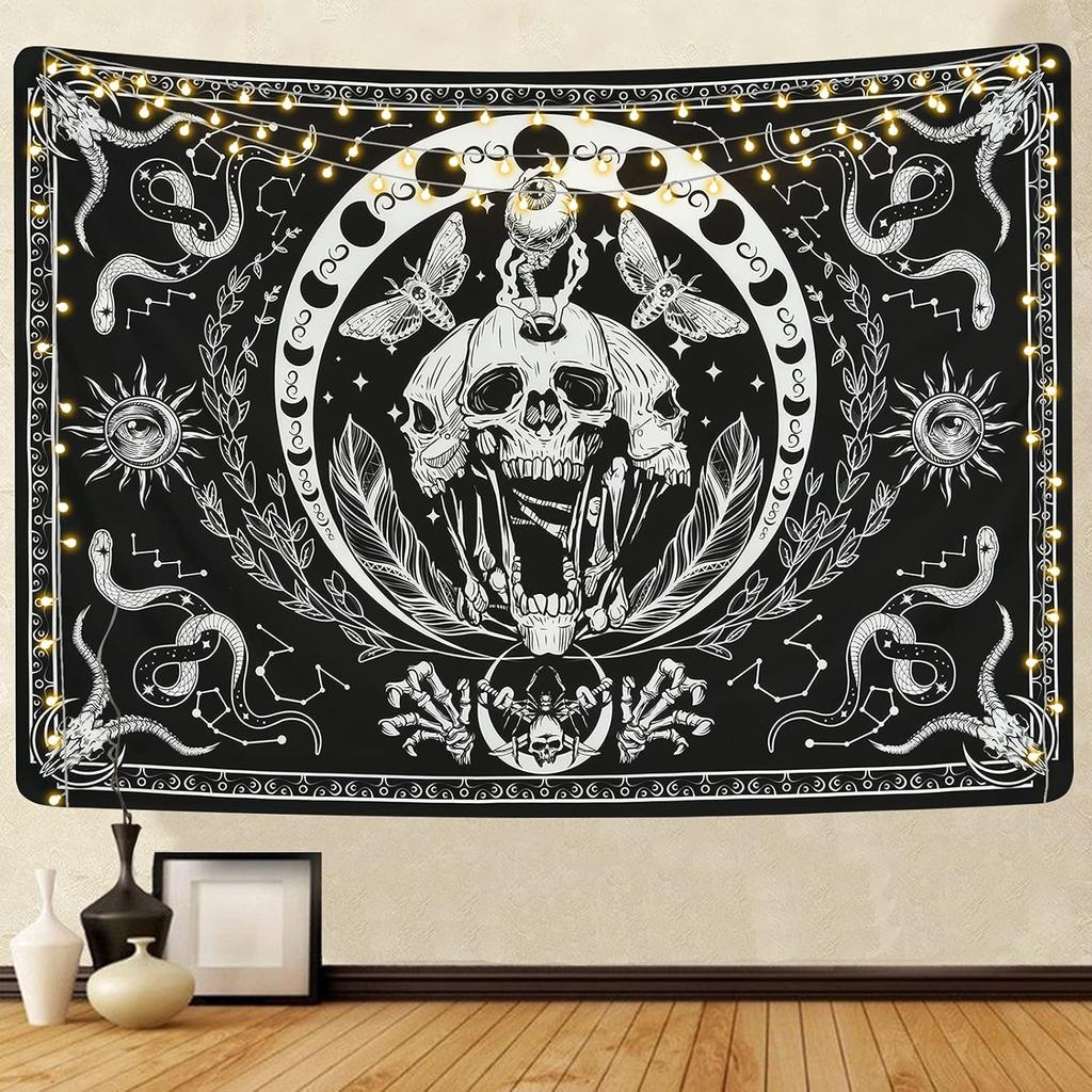 Yugarlibi Skull Tapestry Aesthetic Sun and Moon Phase Skeleton Wall Hanging Snakes Moths Tapestry Galaxy Wall Art Wall Cloth Decor For Bedroom Living