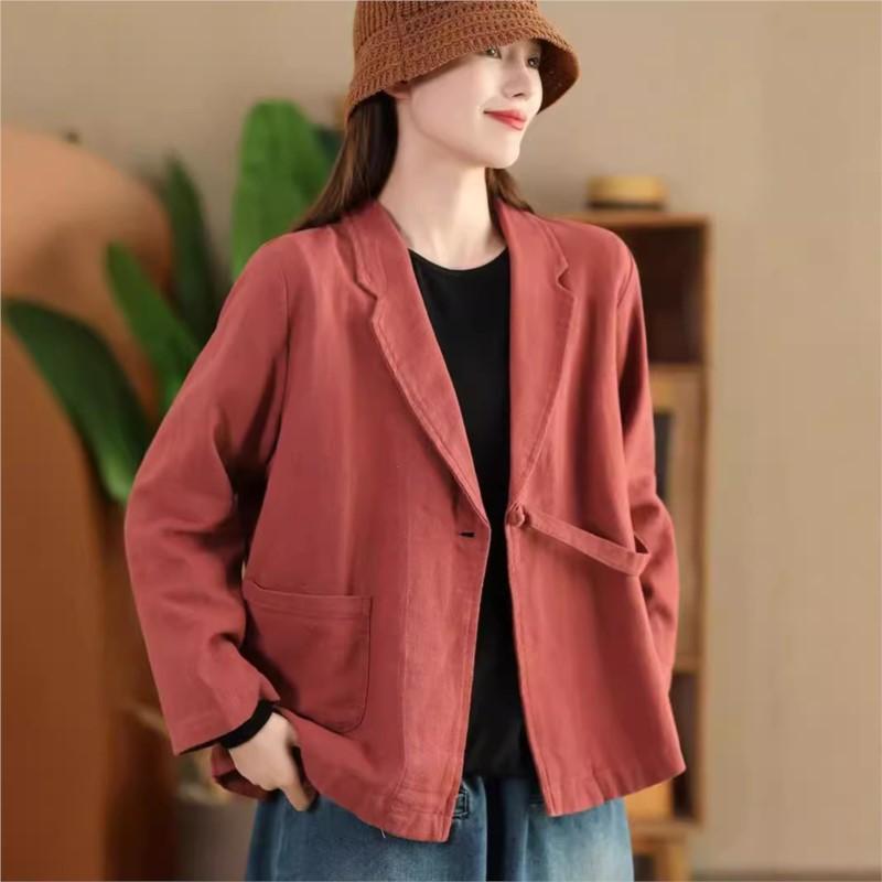 Johnature Woman Autumn Casual Solid Color Loose Long Sleeves Coat Splicing V-Neck Chinese Style Vintage Coat