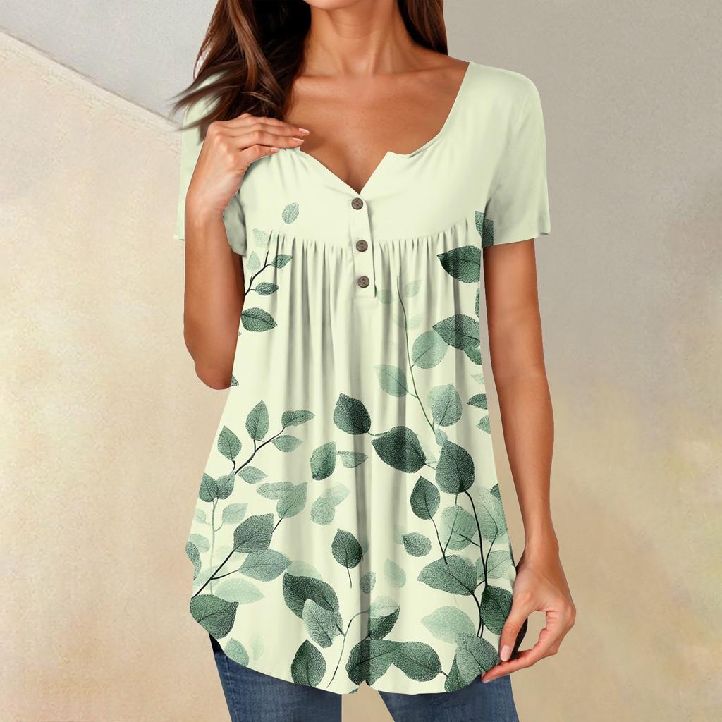 Women Tunic Tops Dressy Casual Summer Short Sleeve Shirts Loose Fit Pleated Boho Top