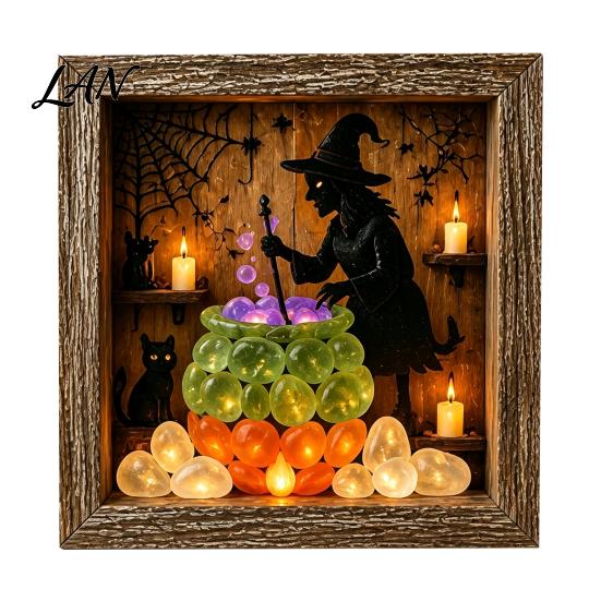 Small Halloween Figures Lighted Frame Ornaments, Light Up Shadow Box, Warm Festive Party Supplies Atmosphere LED Lights for Home Living Room