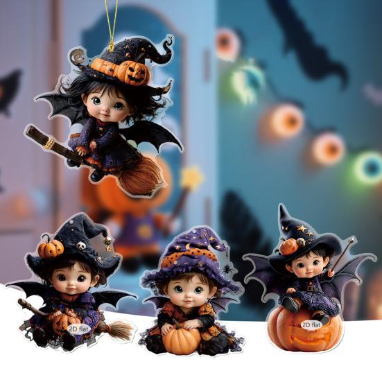 Car Mirror Hanging Decoration Cartoon Witch Cat/Kids 2D Flat Acrylic Pendant Halloween Car Rearview Mirror Ornament