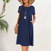 Женское платье с круглым вырезом, коротким рукавом, длиной до колена, однотонное платье с карманами, свободное летнее платье