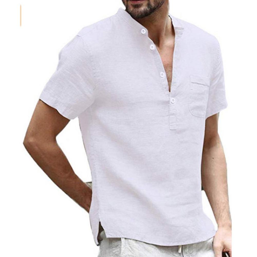 Summer Cotton Linen Short Sleeve Men's Shirt Solid Color Pocket Stand Neck Button Half Open Black Shirts