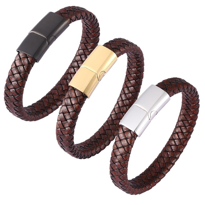Vintage Men Jewelry Braided Leather Bracelet Stainless Steel Clasp Fashion Bangles Wristband Jewelry Gifts