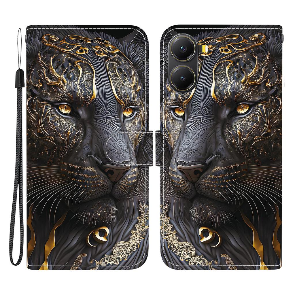 Кожаный чехол-подставка-кошелек с печатью узора для Xiaomi Redmi Turbo 4 5G/Poco X7 Pro 5G с ремешком на запястье