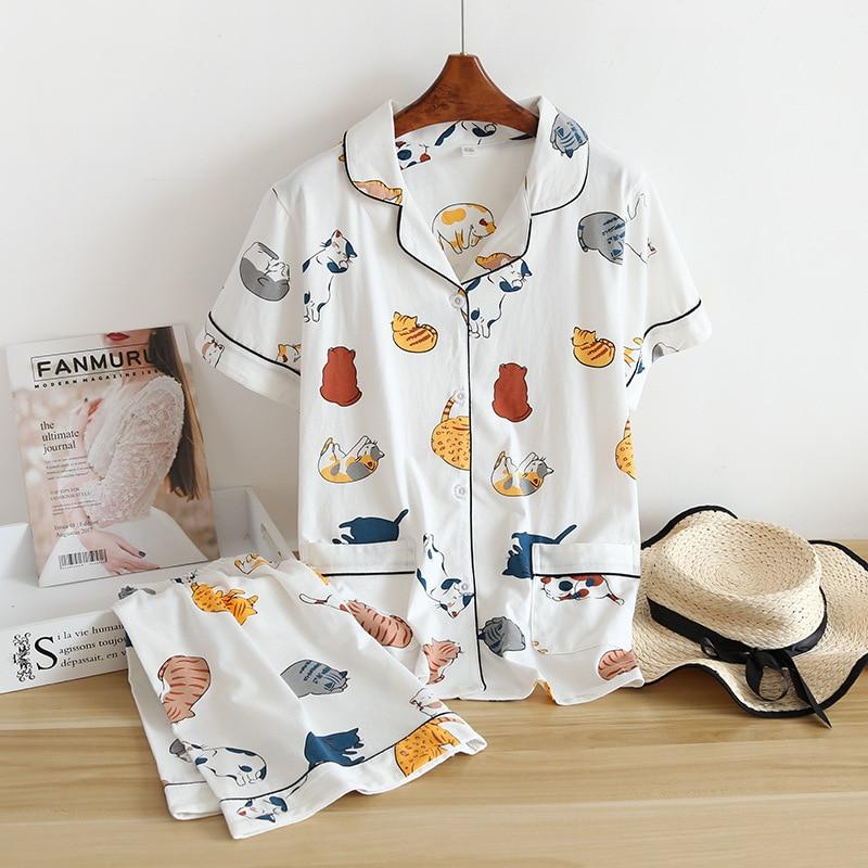 New 100% Cotton Short-sleeved Shorts Ladies Pajamas Set Cute Cartoon Pajamas Japanese Simple Short Pajamas Women Sleepwear