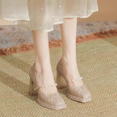 Модная женская массивная обувь на одинарном ходу, весна, новая, квадратный носок, мелкий вырез, с бусинами, одна линия, на толстой подошве, нескользящая, на высоком каблуке