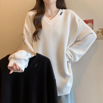 Женский базовый топ с длинным рукавом из рубчатого трикотажа больших размеров - Осенне-зимняя свободная и стройнящая универсальная футболка